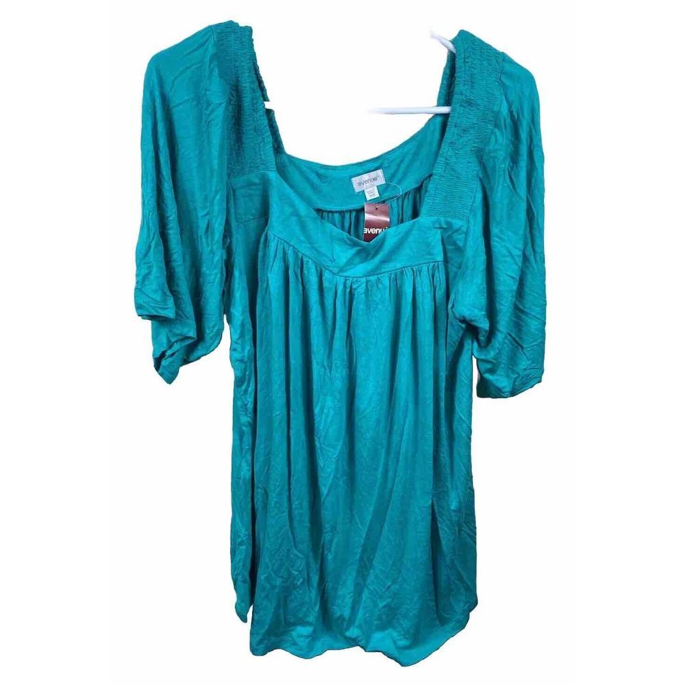 Avenue Blouse Womens Size 18/20 Green Short Sleeve Square Neck Boho Babydoll NEW